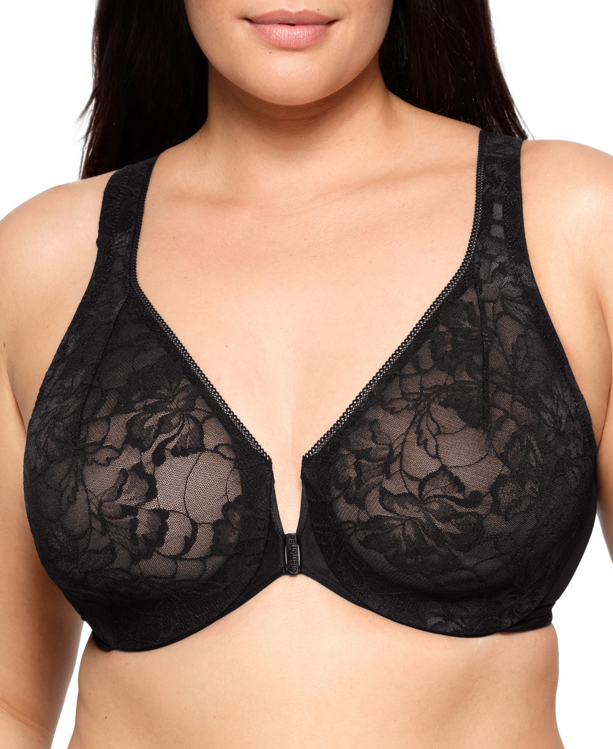 Glamorise Full Figure Plus Size Lacey T-back Front-closure Wonderwire Bra Underwire 9246 In Black