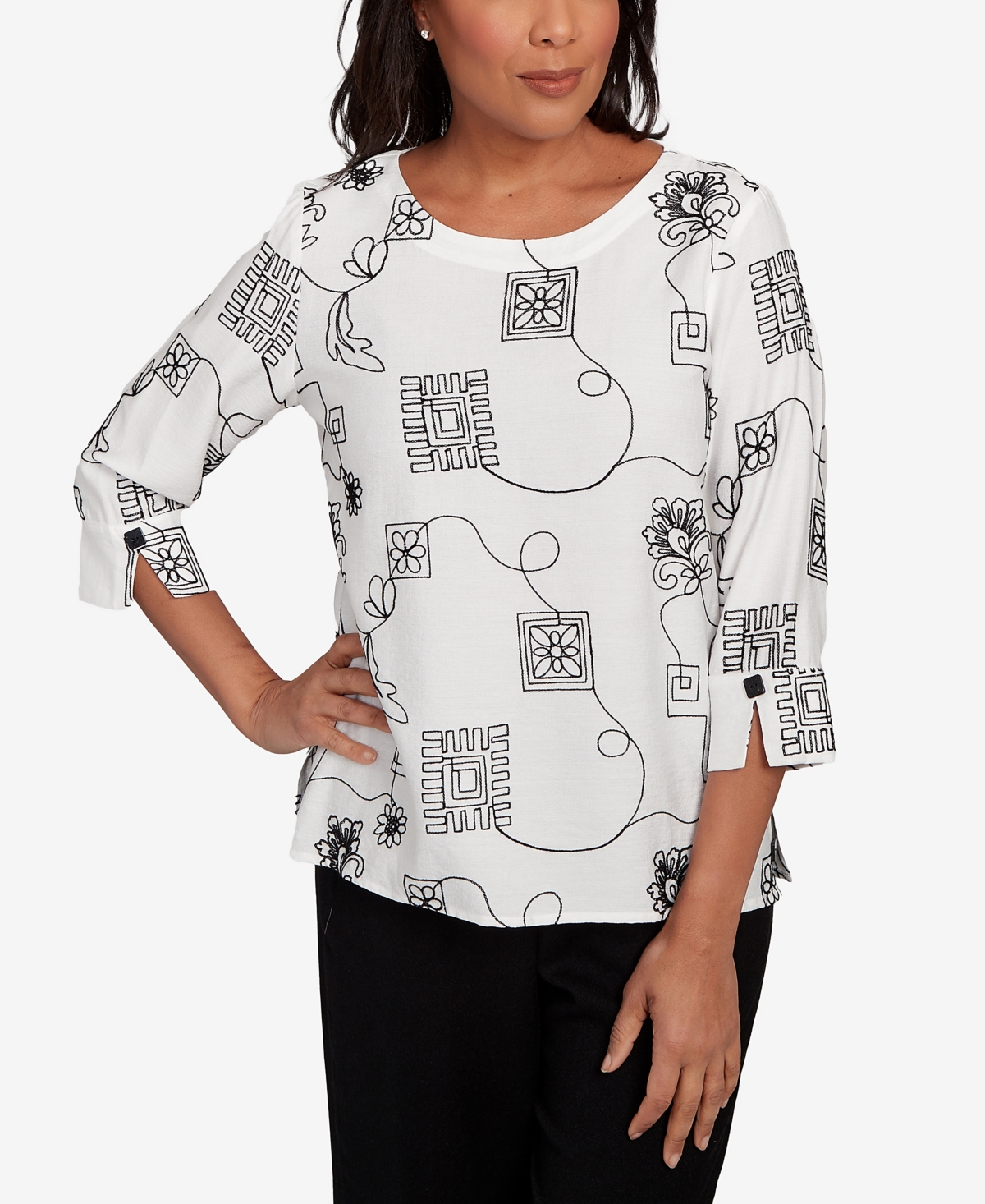 Alfred Dunner Petite Santa Barbara Geometric Floral Soutache Embroidered Top In Multi