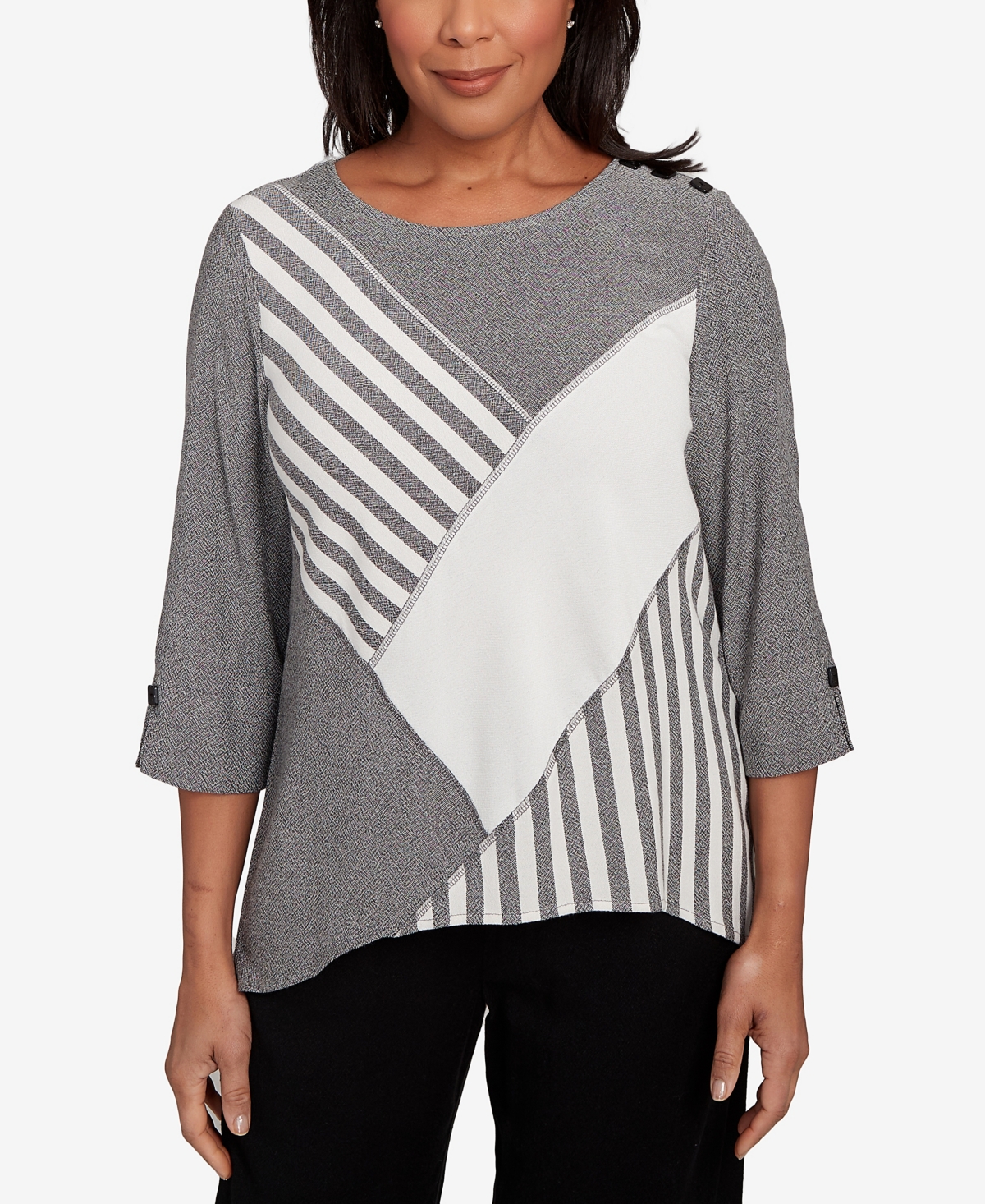 Alfred Dunner Petite Santa Barbara Diagonal Spliced Stripe Top In Multi