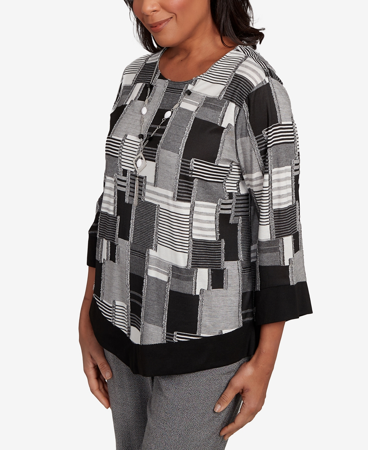 Alfred Dunner Petite Santa Barbara Patchwork Solid Black Trim Top In Multi