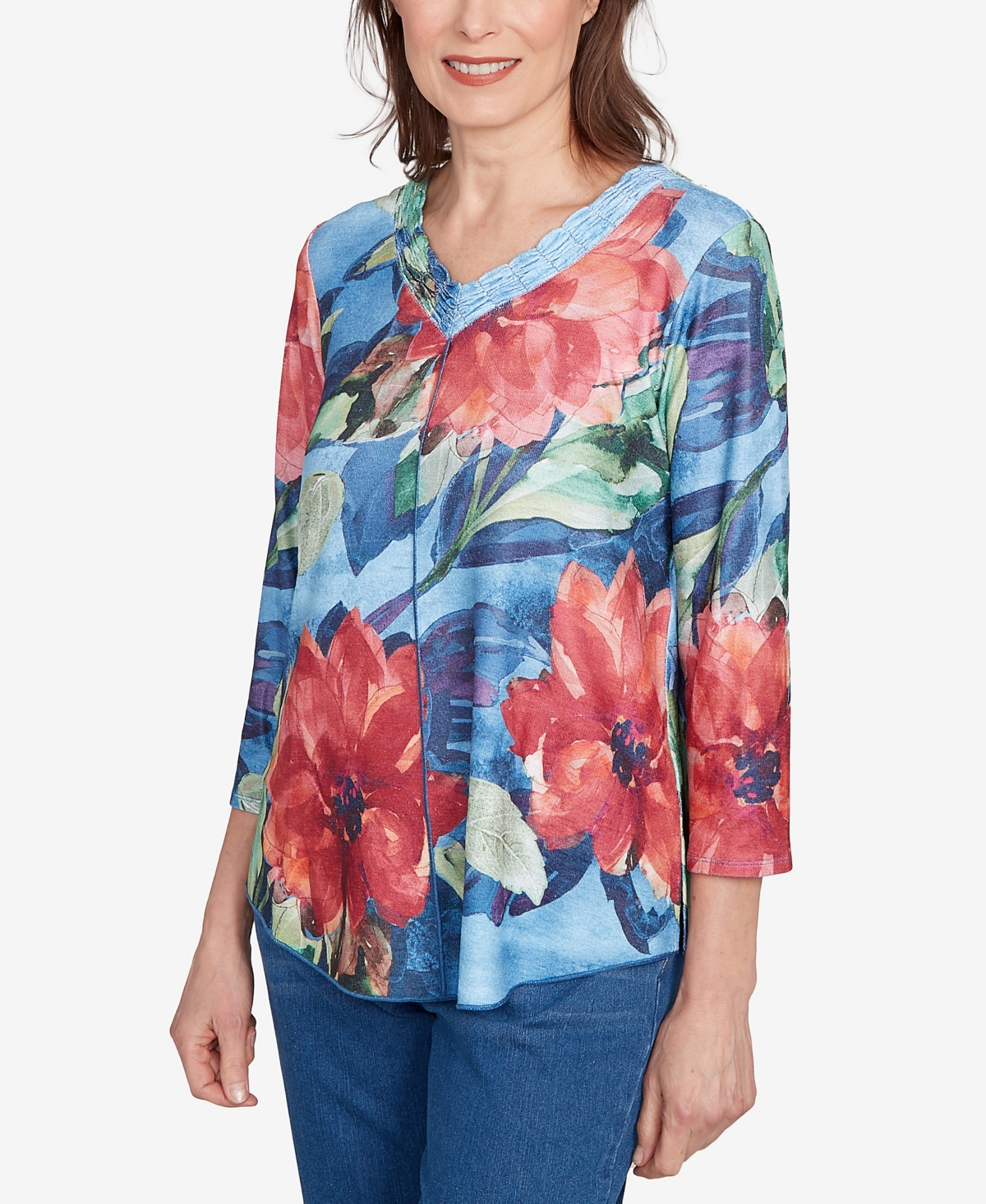 Alfred Dunner Petite El Paso Dramatic V-neck Floral Top In Multi