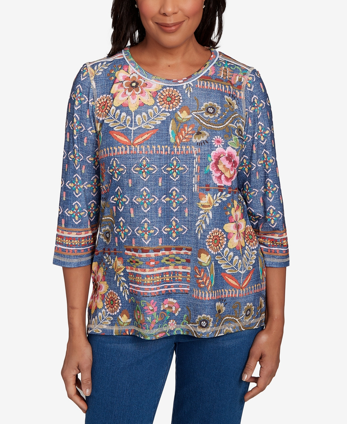 Women's El Paso Mixed Pattern Floral Patch Top - Blue Multi