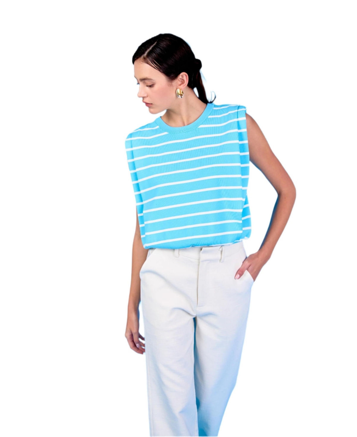 Women's Stripe Sleeveless Pleated Knit Top - Light blue