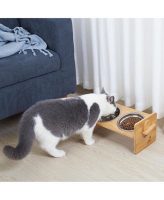  Adjustable Dual Cat Bowl Bamboo Elevated Stand Steel Pet Feeder Bowls