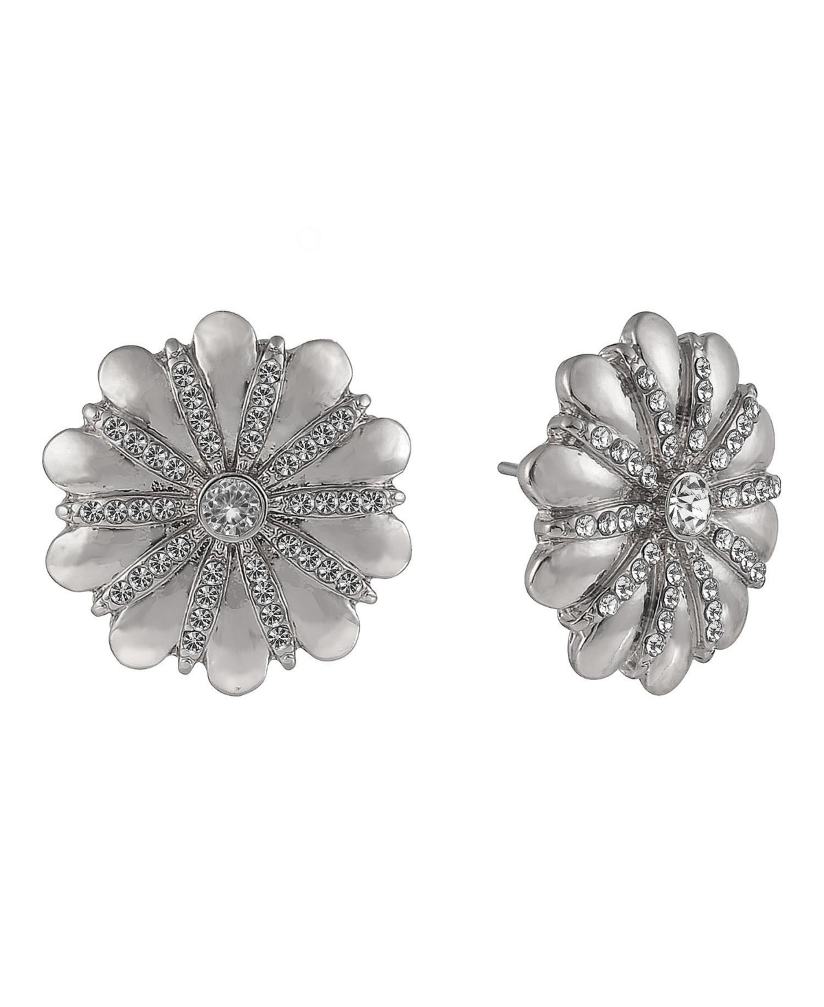 Silver Tone Flower Button Earrings - Silver