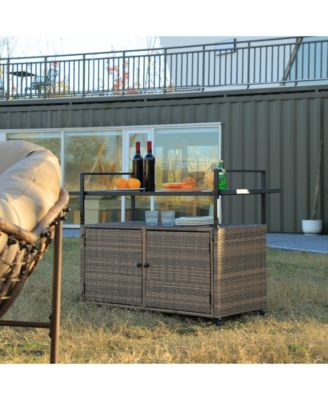 Mondawe Rattan Bar Cart with Glass Top & Wheels, Black