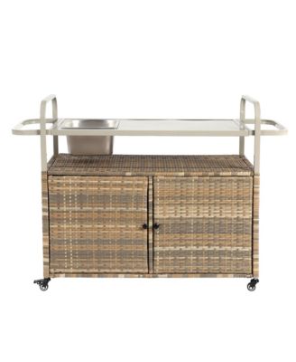 Wicker Bar Cart with Steel Top, Ice Bucket & Lockable Wheels