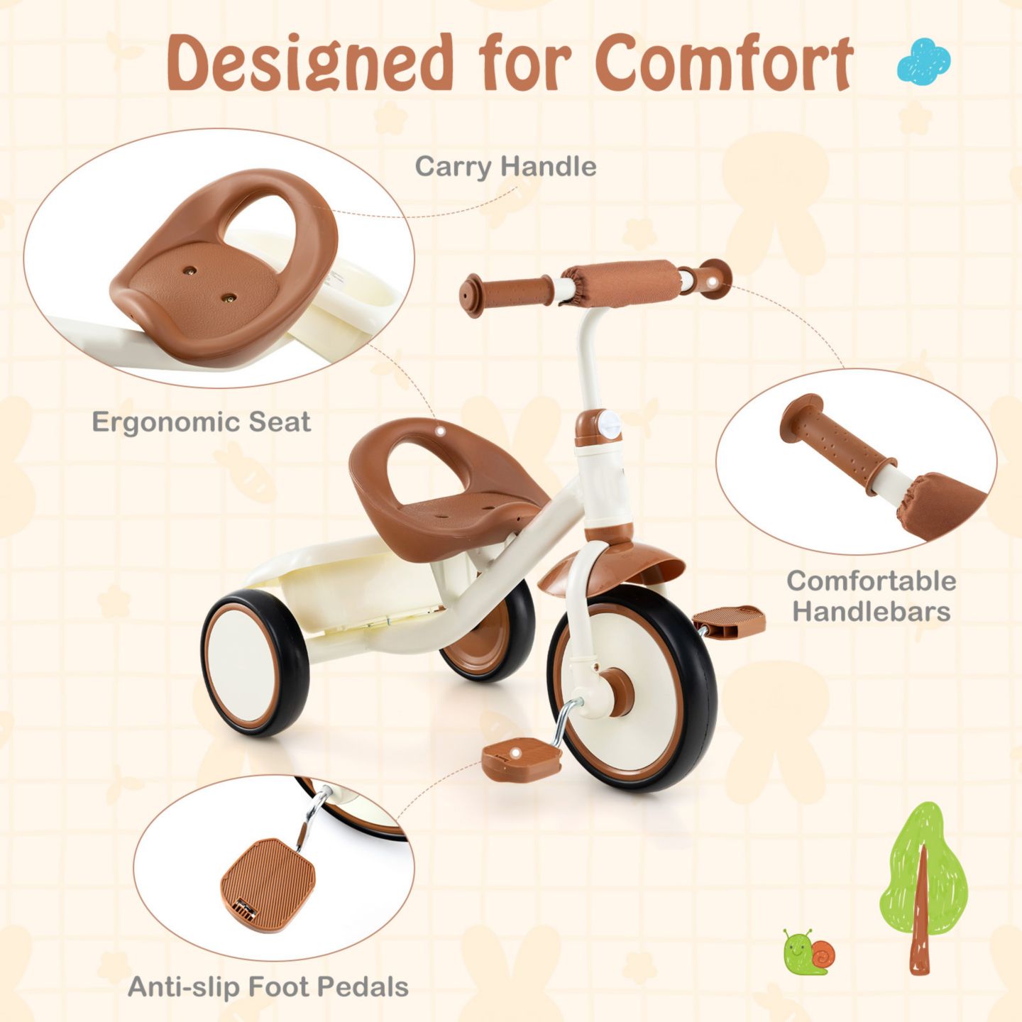 Детская игрушка Slickblue Toddler Tricycle with Adjustable Seat and Storage Basket, Ages 3-5, цвет: Бежевый — фото 5