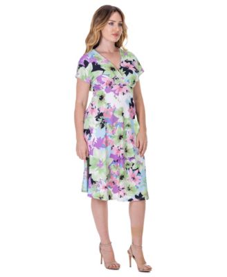 Petite Floral Print Empire Waist Kimono Cap Sleeve Knee Length Dress