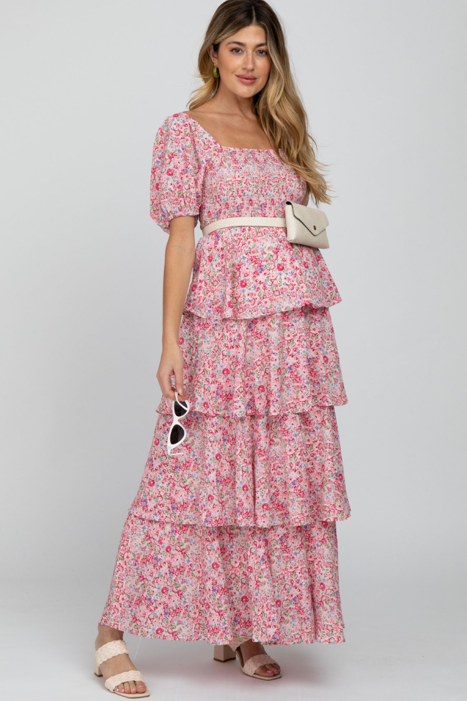 Women's Pink Floral Square Neck Ruffle Layered Maxi Dress