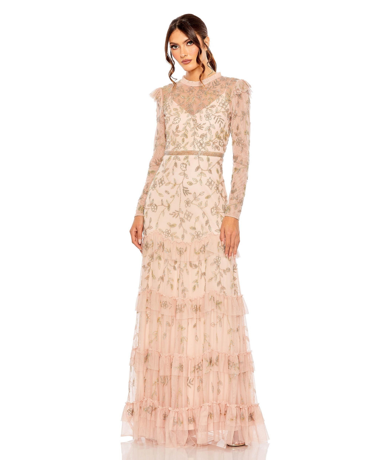 Women's High Neck Flutter Cap Long Sleeve Tiered Embellish - Blush