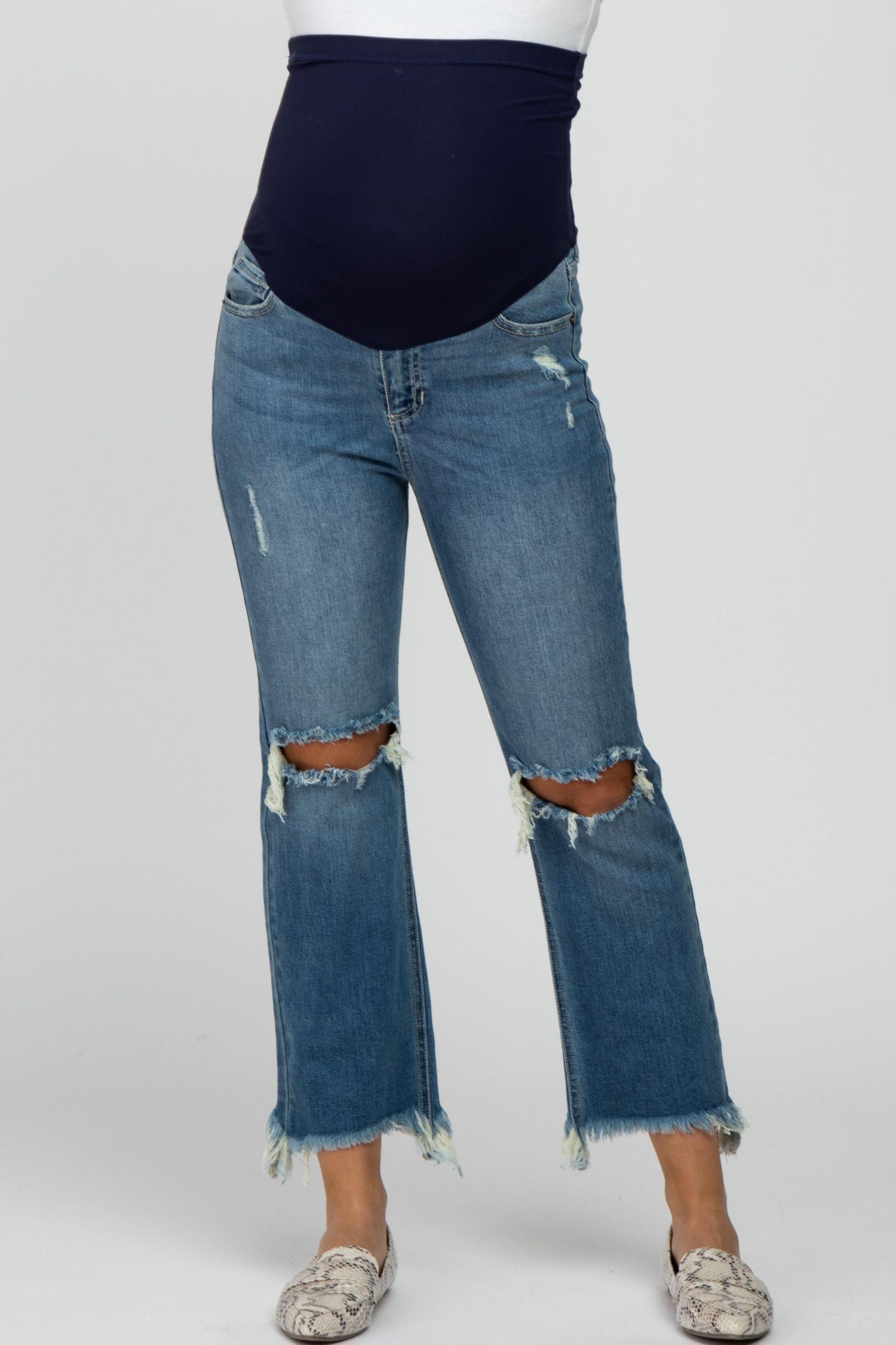 Women's Blue Frayed Wide Leg Cropped Jeans