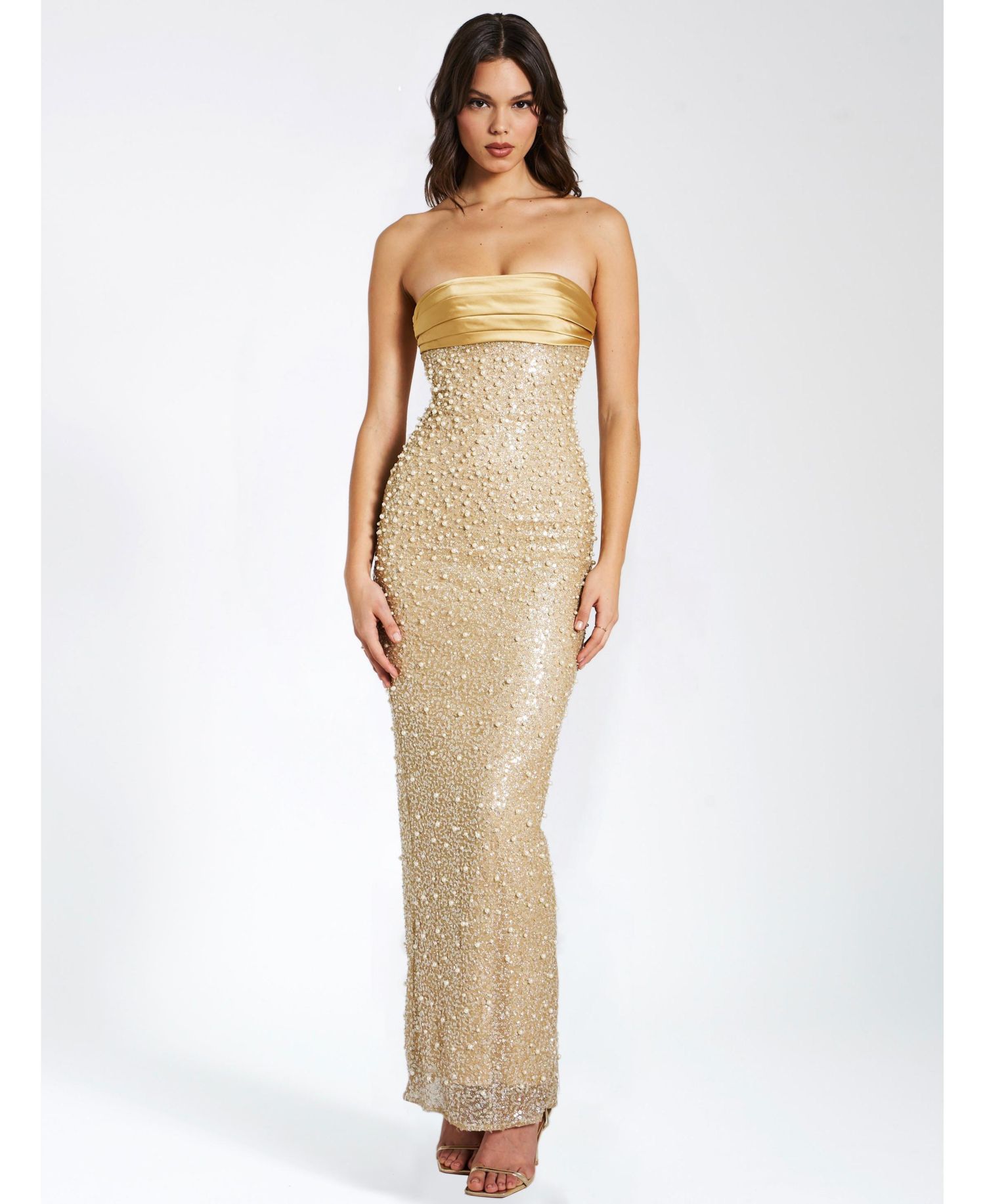 Women's Lainey Gold Satin Sequin Pearls Beaded Maxi Dress