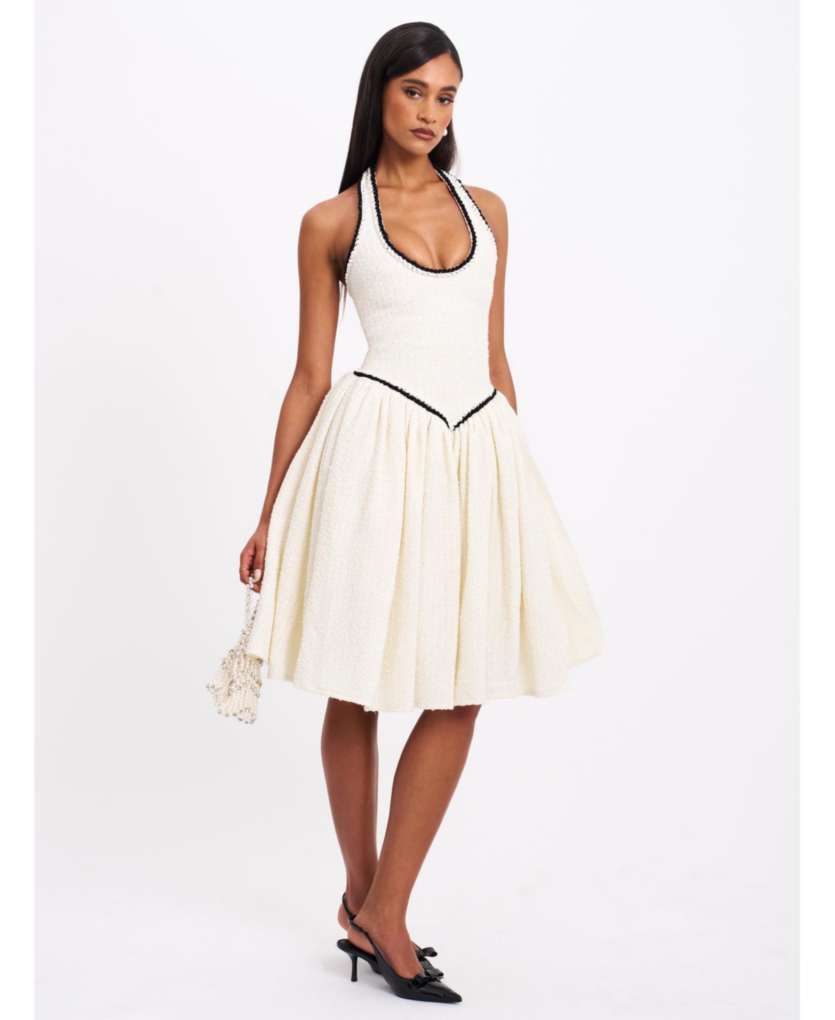 Women's Natalie U Neck Halter Drop Waist Tweed Midi Dress - White
