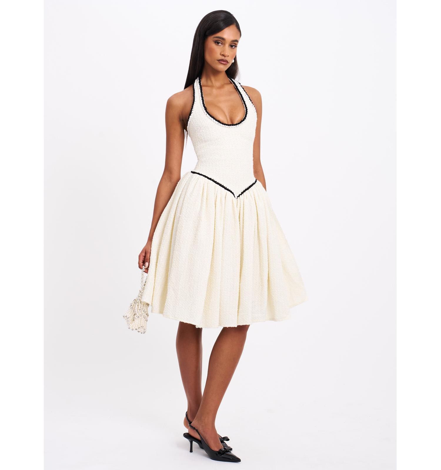 Women's Natalie U Neck Halter Drop Waist Tweed Midi Dress