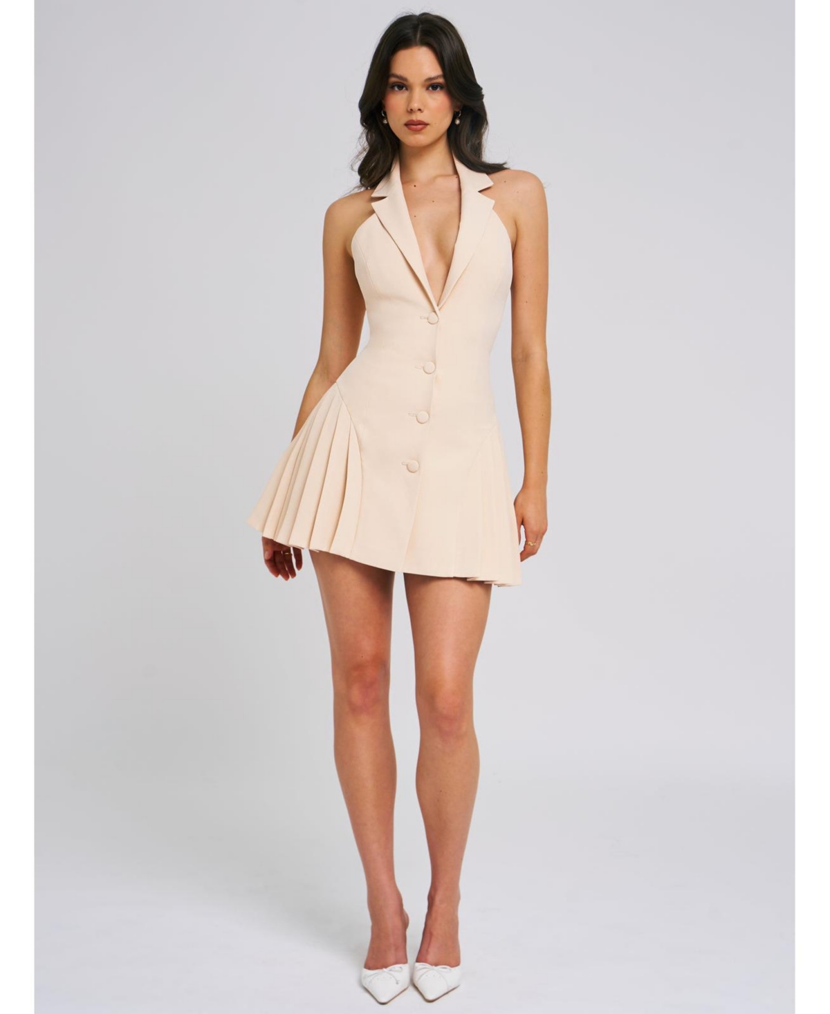 Women's Reyna Beige Backless Pleated Mini Blazer Dress - Beige/khaki