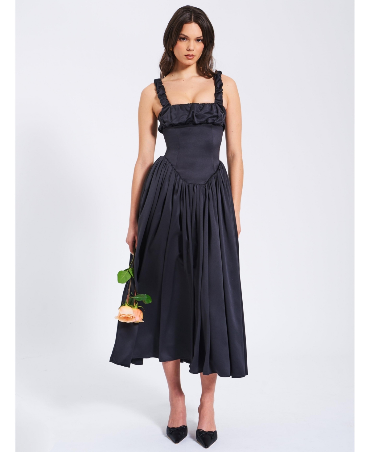 Women's Noreen Black Satin Drop Waist Maxi Sundress - Black