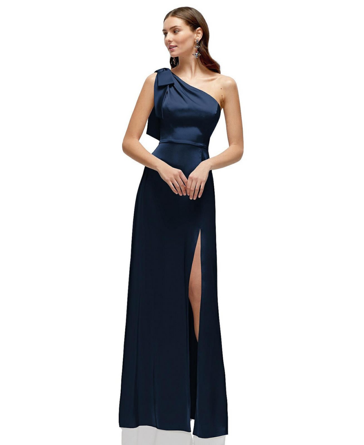 Plus Size Bow One-Shoulder Fluid Satin Maxi Dress with Full Skirt - Midnight navy