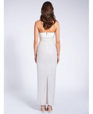 Women's Lainey White Satin Sequin Pearls Beaded Maxi Dress