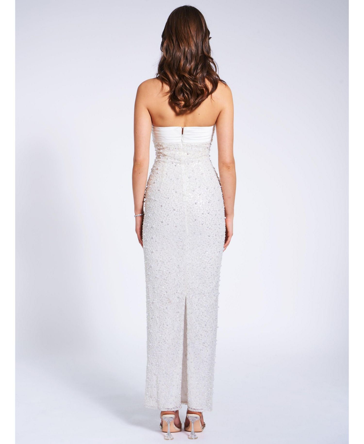 Women's Lainey White Satin Sequin Pearls Beaded Maxi Dress