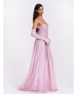 Women's Wallie Pink Rhinestone Embellished Mesh Backless Gown