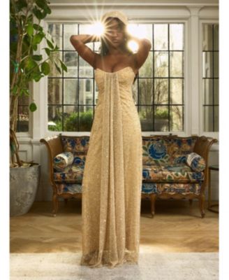 Women's Ada Gold Rhinestone Embellished Strapless Gown with Head Scarf