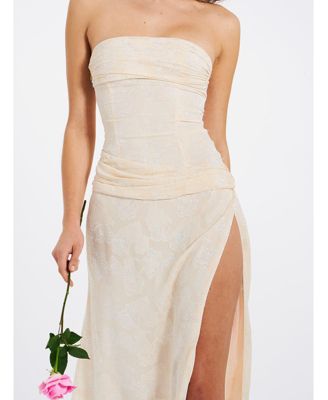 Women's Xatia Off White Jacquard Textured High Slit Maxi Dress