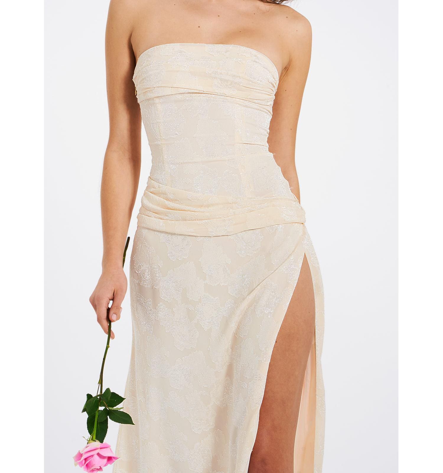 Women's Xatia Off White Jacquard Textured High Slit Maxi Dress