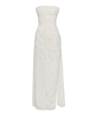 Women's Xatia Off White Jacquard Textured High Slit Maxi Dress