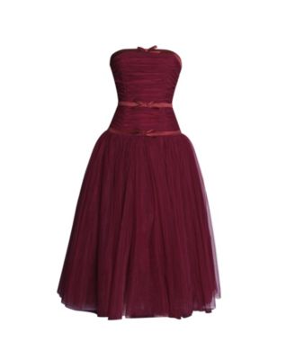 Women's Mabel Burgundy Drop Waist Layered Mesh Midi Puffy Dress with Bow