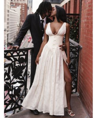 Women's Sabrina Butter Yellow High Slit Jacquard Maxi Dress