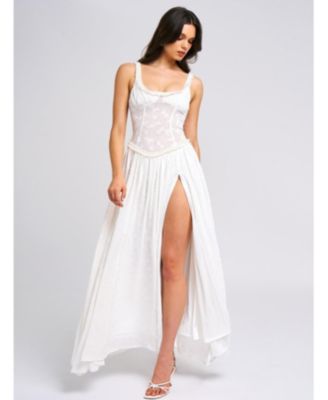 Women's Ulissa White Square Neck Jacquard Textured High Slit Maxi Dress