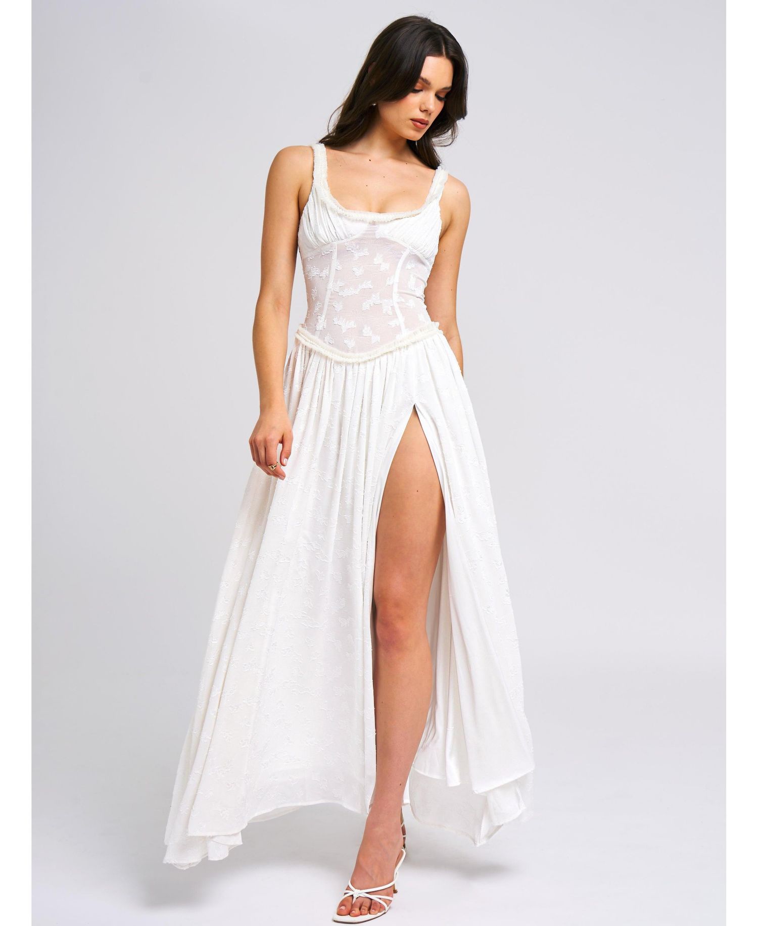 Women's Ulissa White Square Neck Jacquard Textured High Slit Maxi Dress