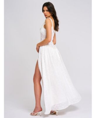 Women's Ulissa White Square Neck Jacquard Textured High Slit Maxi Dress