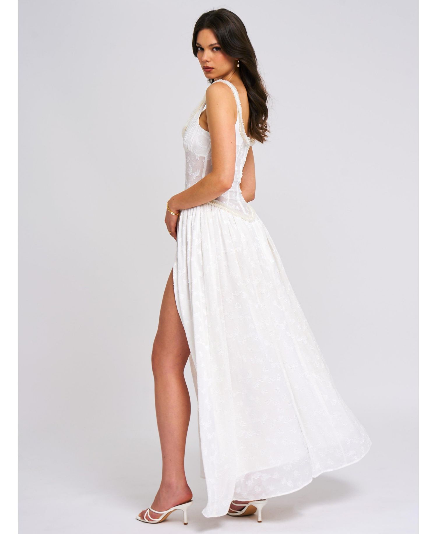 Women's Ulissa White Square Neck Jacquard Textured High Slit Maxi Dress