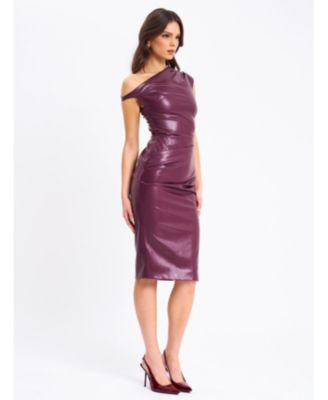 Women's Sabina Purple Leather Slash Neck Midi Dress