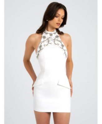 Women's Ori White Halter Neck Crystal Pearl Mini Dress
