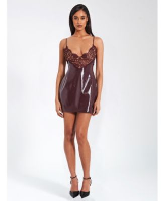 Women's Shelby Dark Brown Faux Leather with Lace Mini Dress