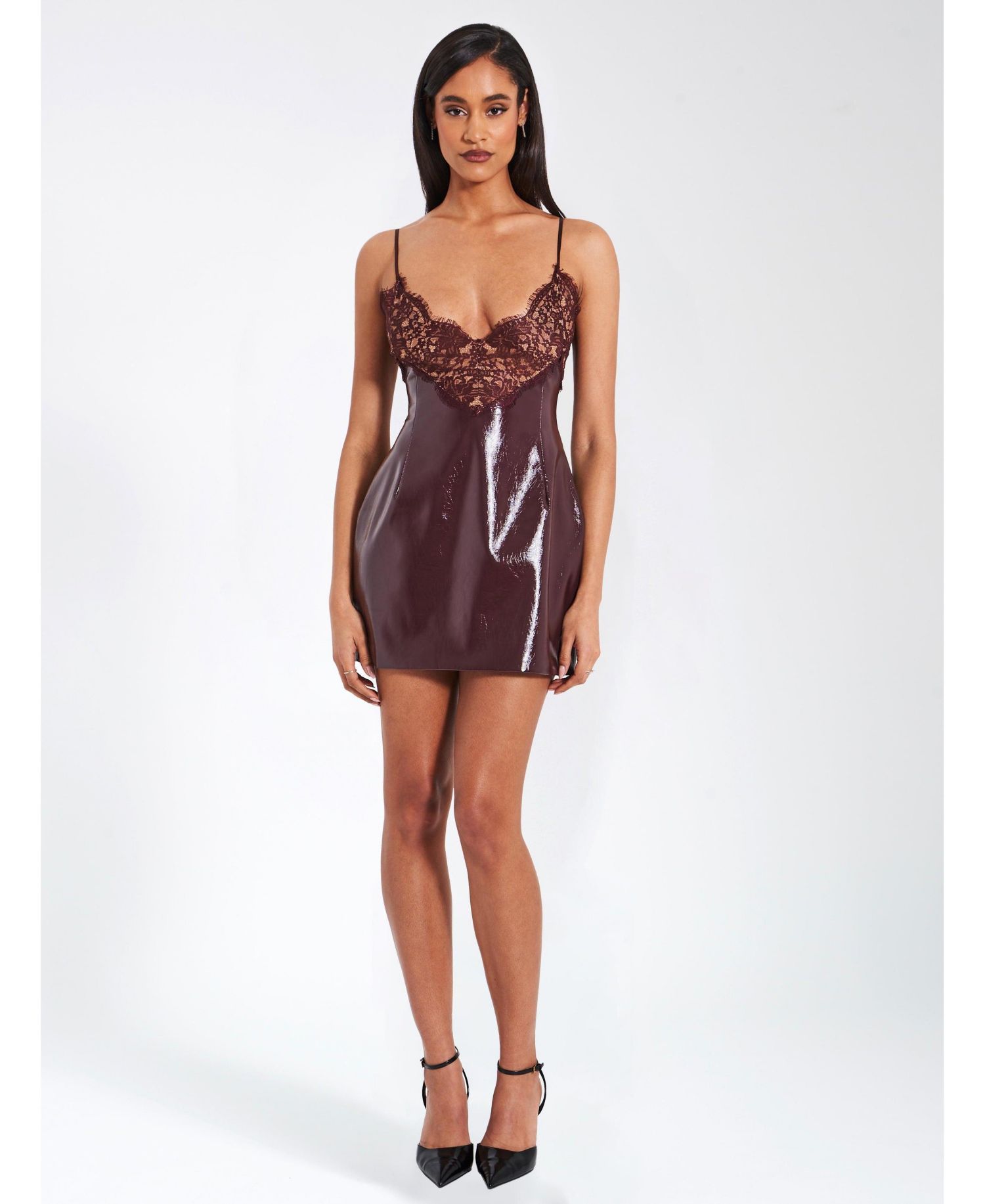 Women's Shelby Dark Brown Faux Leather with Lace Mini Dress