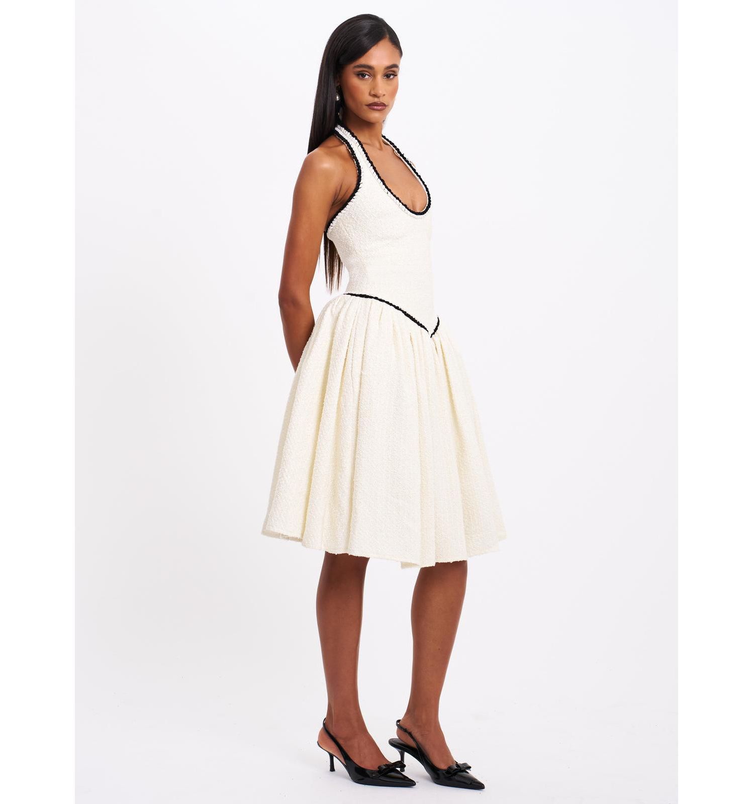 Women's Natalie U Neck Halter Drop Waist Tweed Midi Dress