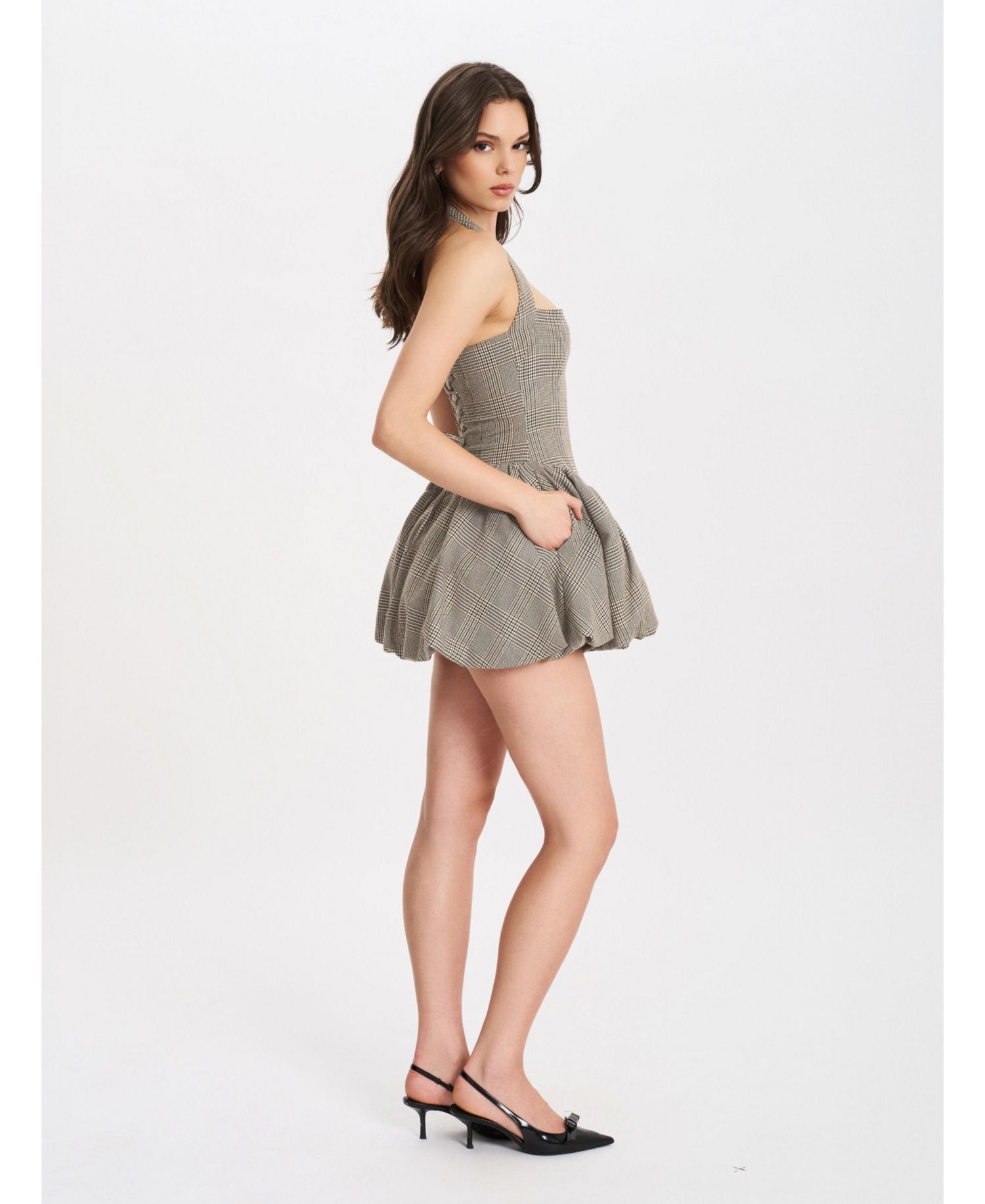 Women's Dacia Plaid Halter Lace-up Bubble Mini Dress