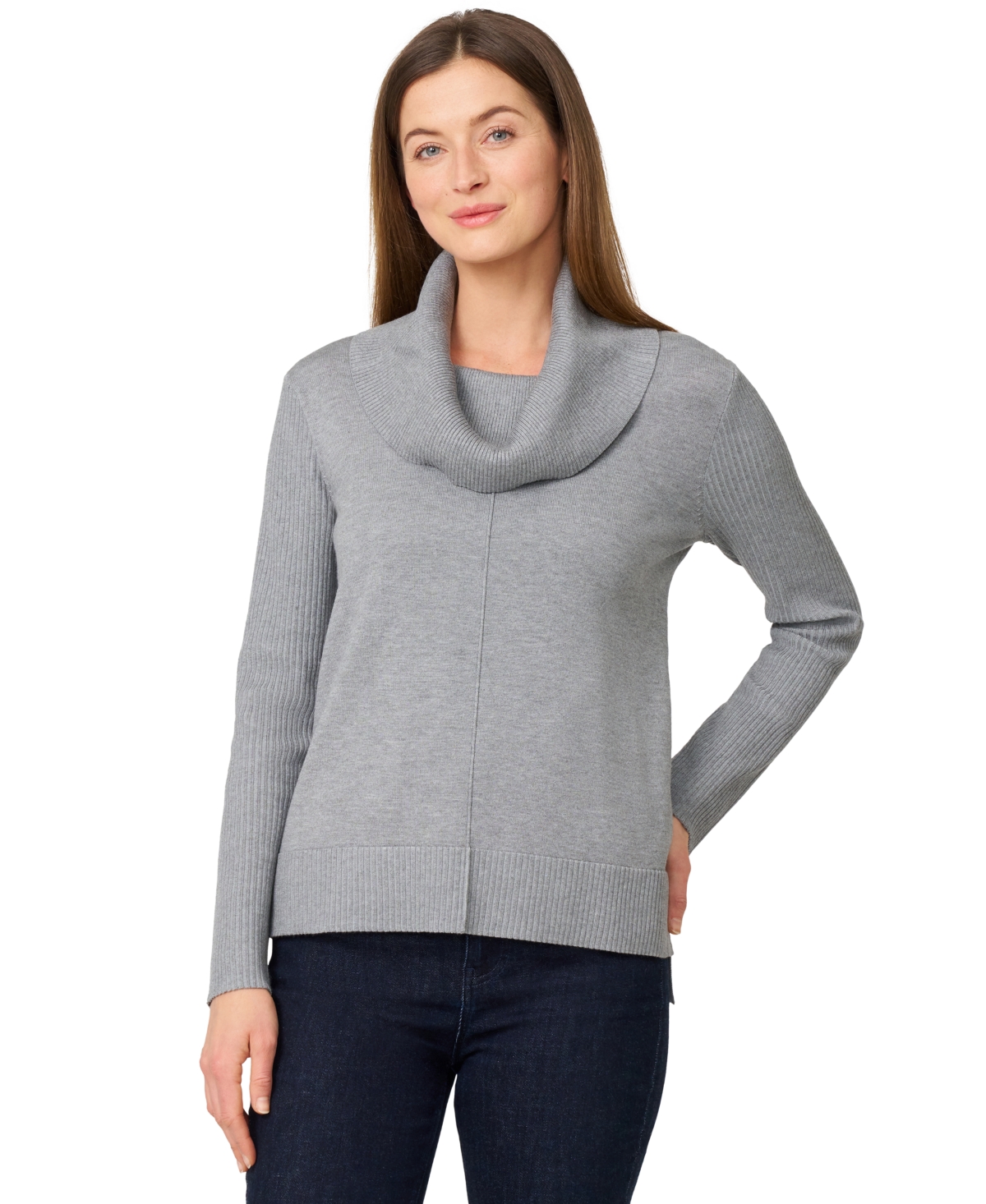 Melissa Paige Petite Cowlneck High-low Side-slit Sweater In Gray