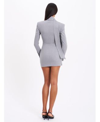 Women's Tahlia Deep V Pinstripes Gray Blazer Dress with scarf collar