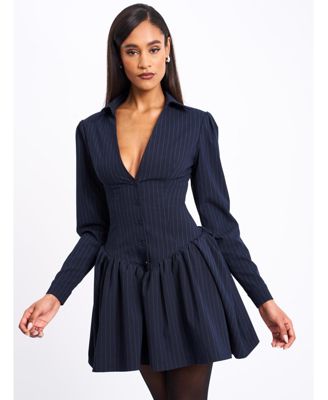Women's Xabrina Navyblue Pinstripe Long Sleeve Shirt Mini Dress