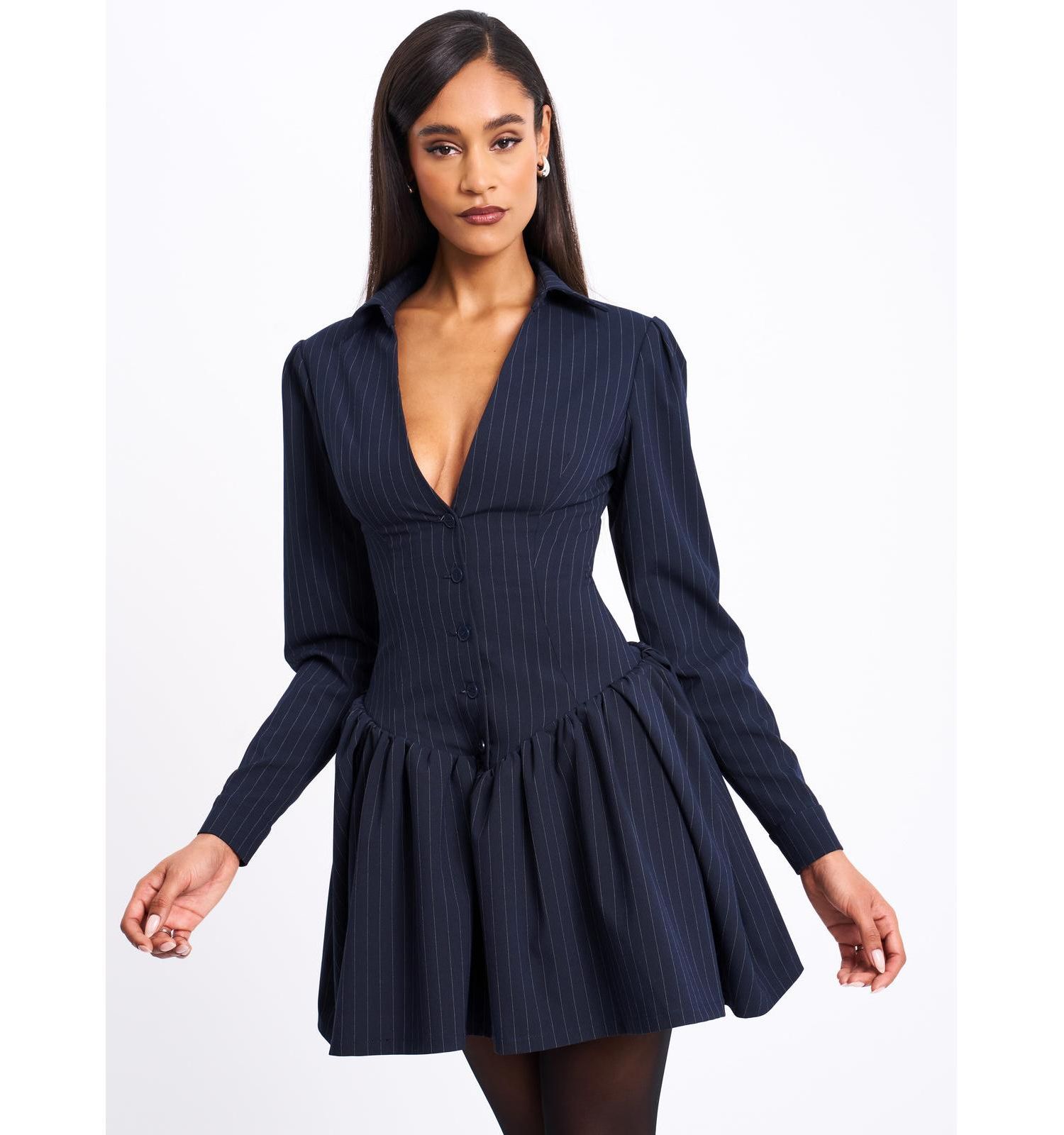 Women's Xabrina Navyblue Pinstripe Long Sleeve Shirt Mini Dress