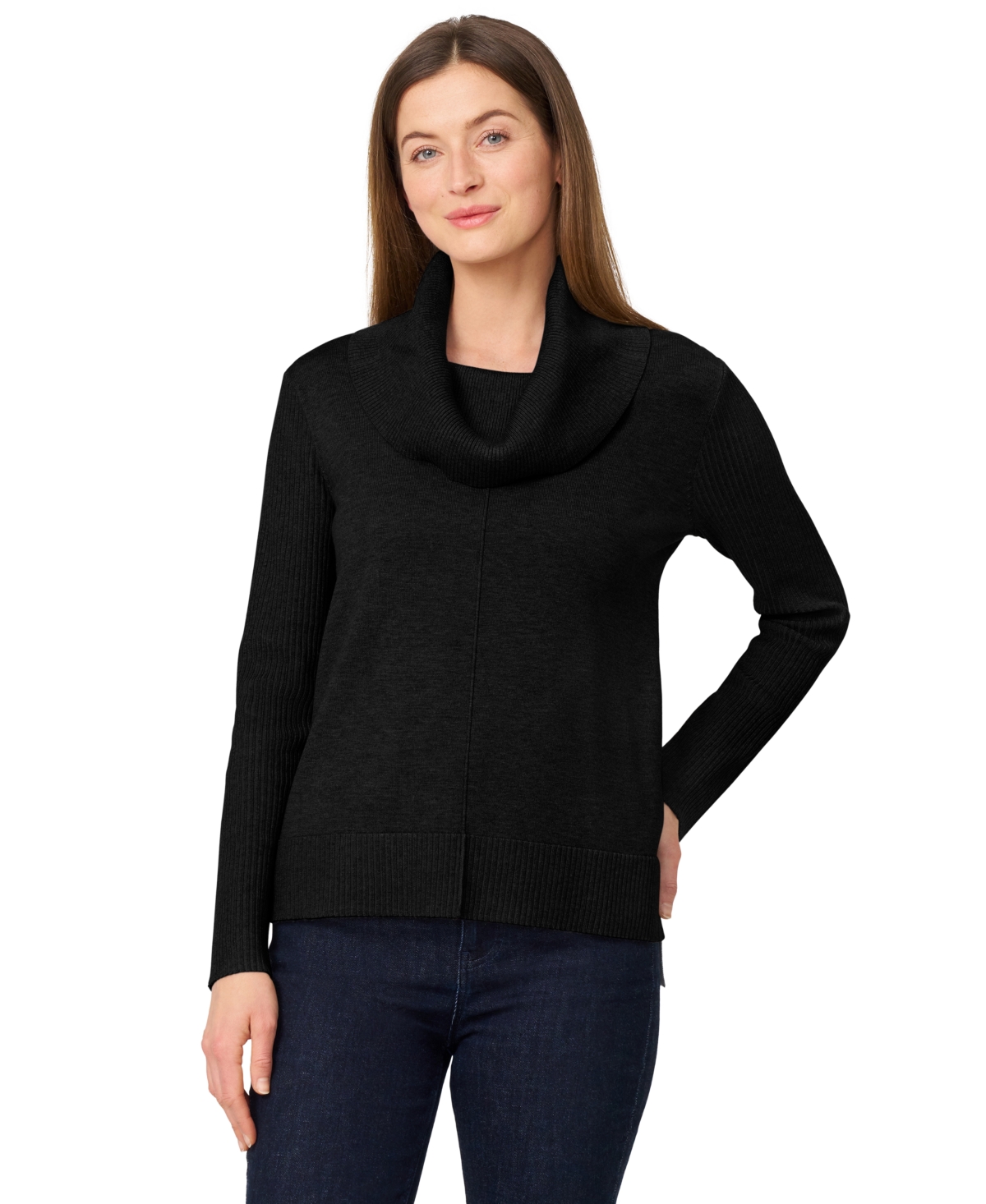 Melissa Paige Petite Cowlneck High-low Side-slit Sweater In Black