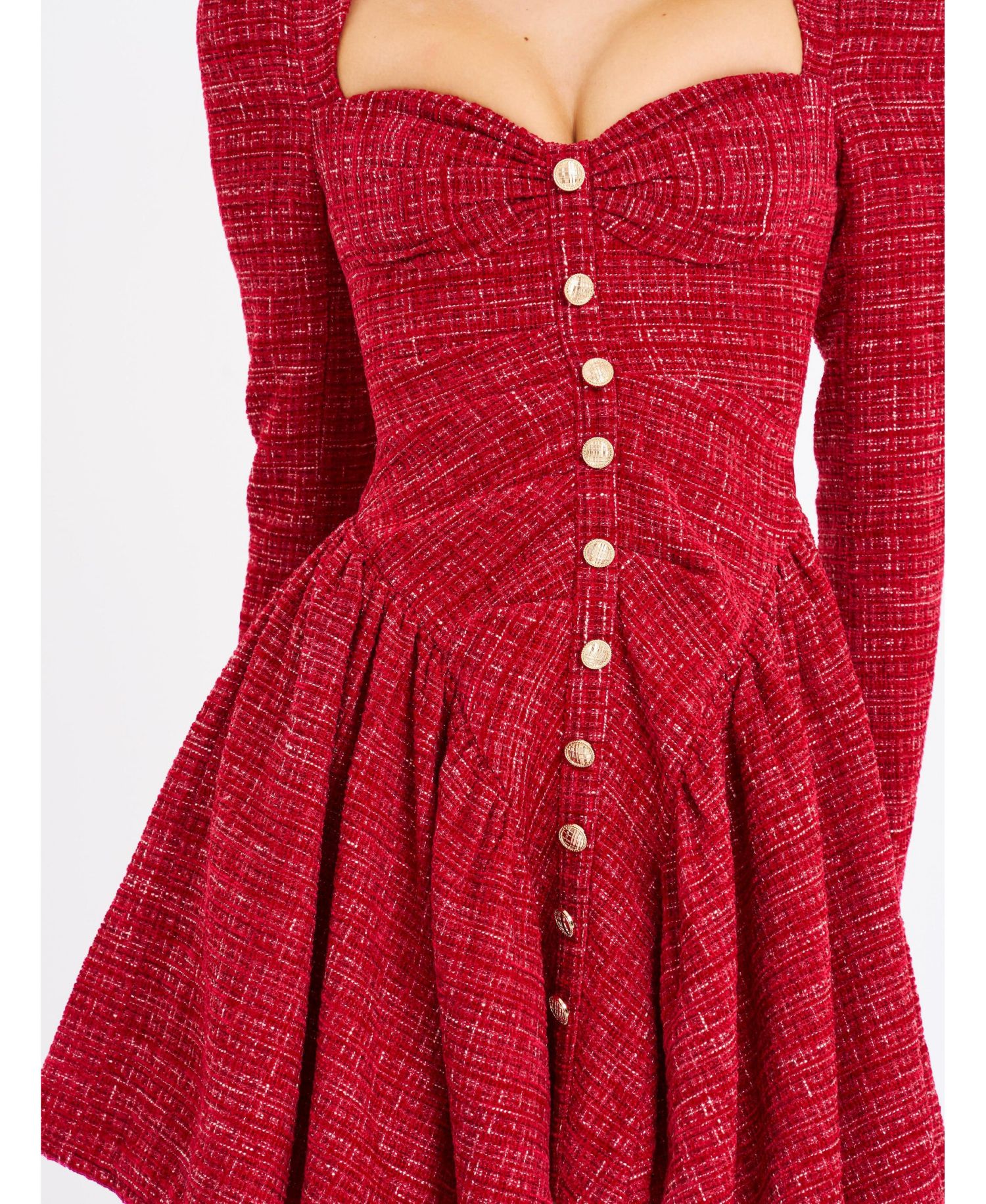 Women's Tae Red Tweed Long Sleeve Drop Waist Mini Dress