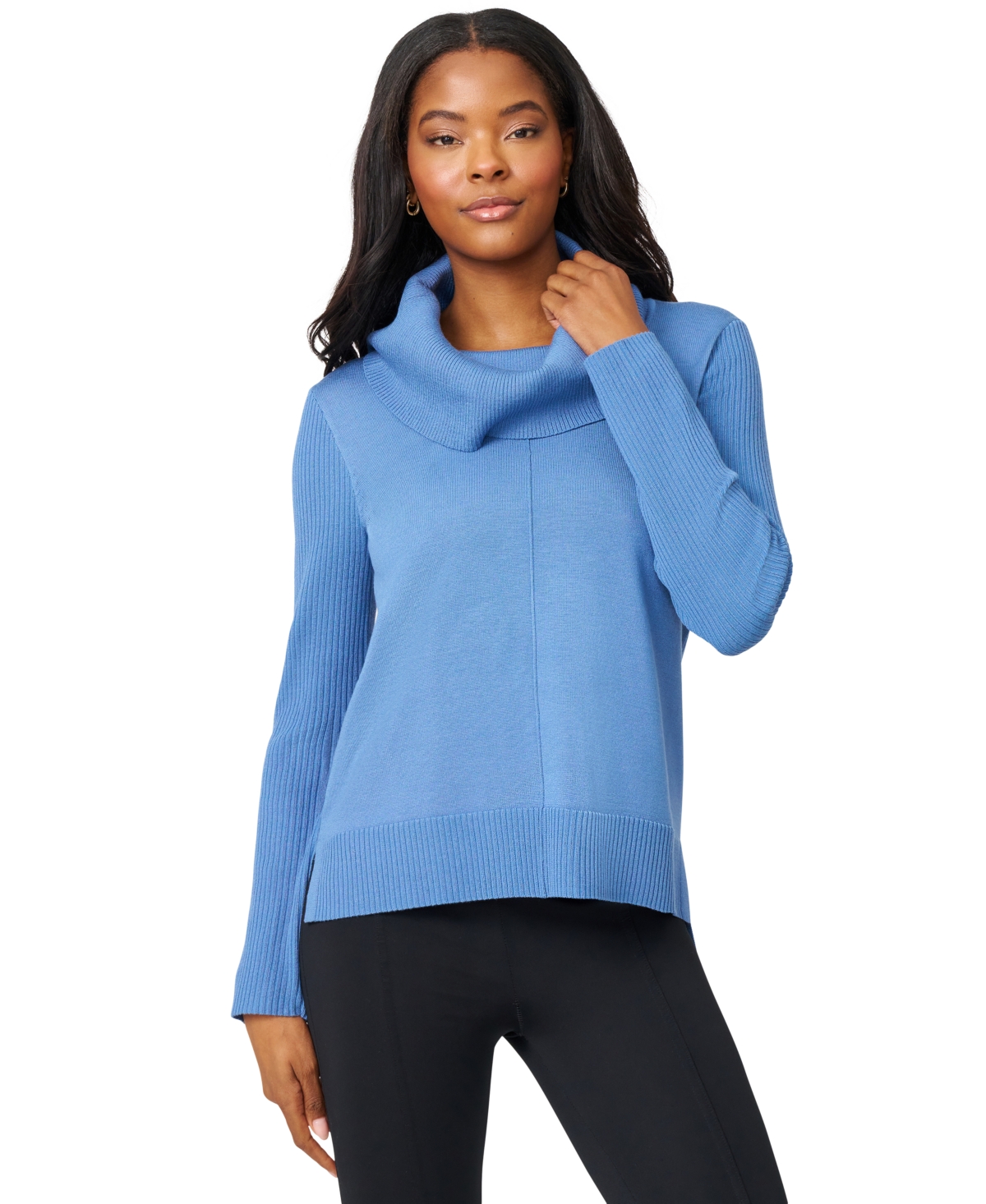 Melissa Paige Petite Cowlneck High-low Side-slit Sweater In Blue