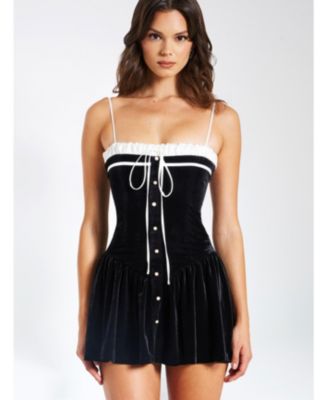 Women Olya Black and White Velvet A-Line Corset Mini Dress