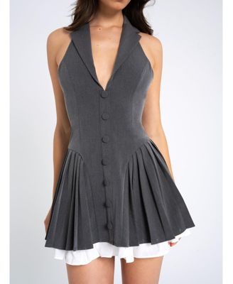 Women's Hazel Grey Preppy Halter Neck Pleated Mini Dress